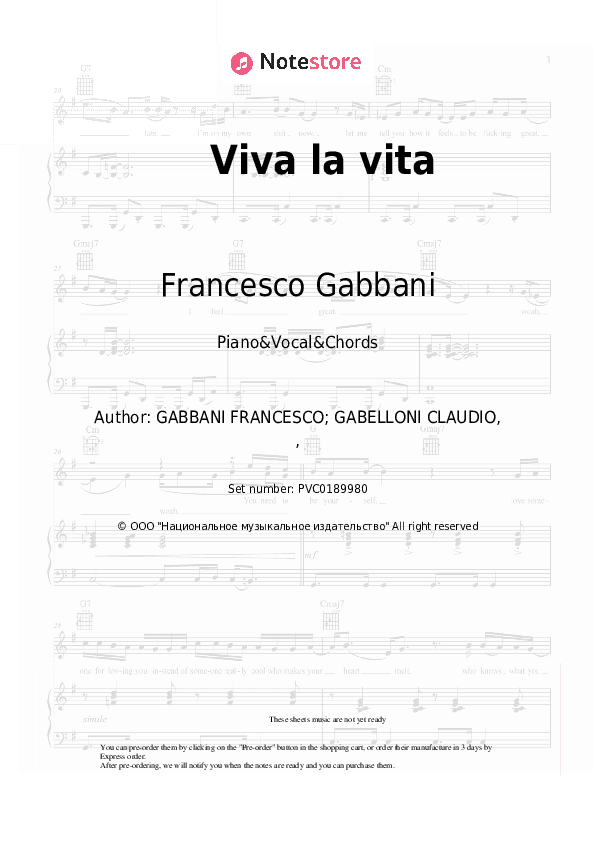 Viva la vita - Francesco Gabbani Piano Sheet Music with the Vocal and Chords - Piano&Vocal&Chords