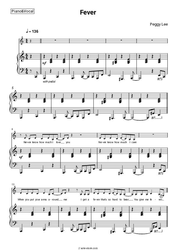 Fever - Peggy Lee Piano Sheet Music with the Voice part - Piano&Vocal