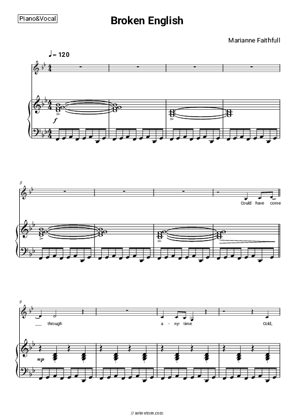 Broken English - Marianne Faithfull Piano Sheet Music with the Voice part - Piano&Vocal