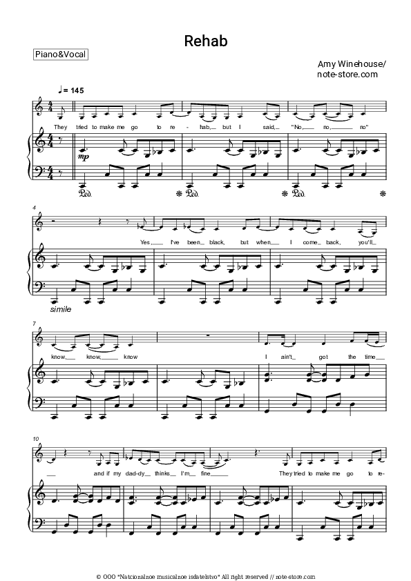 Rehab - Amy Winehouse Piano Sheet Music with the Voice part - Piano&Vocal