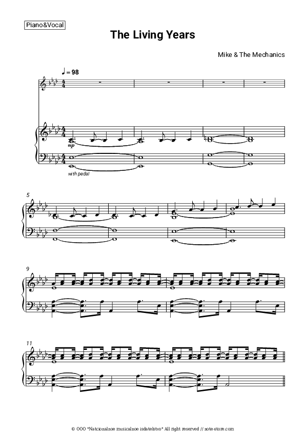 The Living Years - Mike & The Mechanics Piano Sheet Music with the Voice part - Piano&Vocal