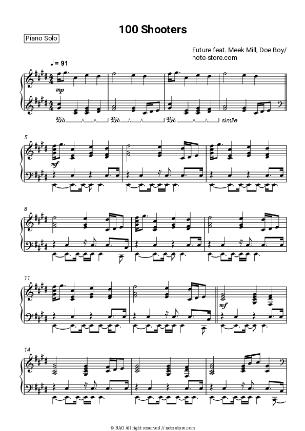 100 Shooters - Future, Meek Mill, Doe Boy Piano Sheet Music - Piano.Solo