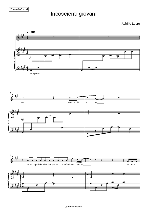 Incoscienti Giovani - Achille Lauro Piano Sheet Music with the Voice part - Piano&Vocal