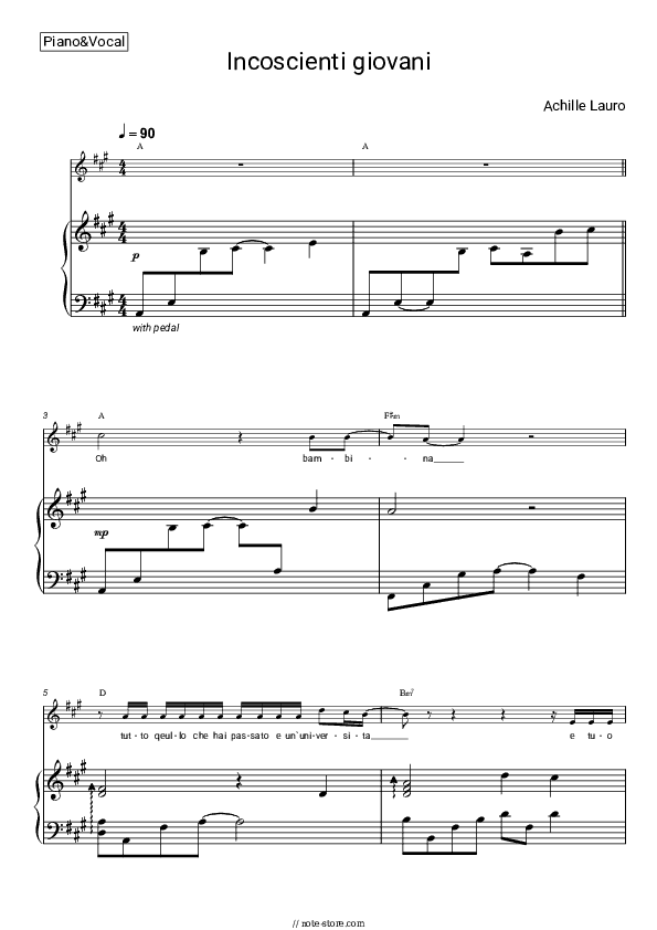 Incoscienti Giovani - Achille Lauro Piano Sheet Music with the Vocal and Chords - Piano&Vocal&Chords