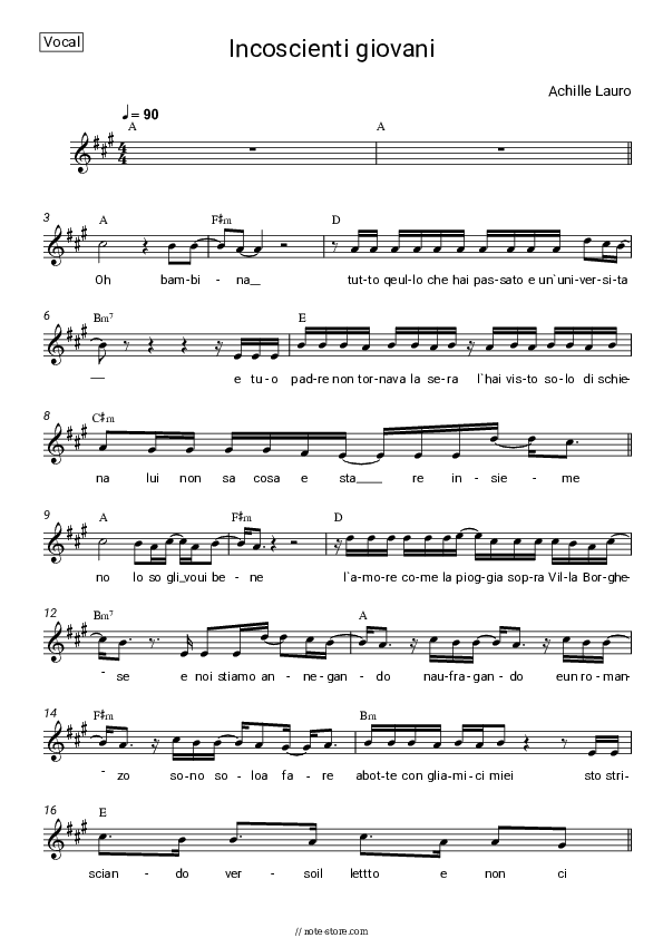 Incoscienti Giovani - Achille Lauro Vocal Sheet Music - Vocal