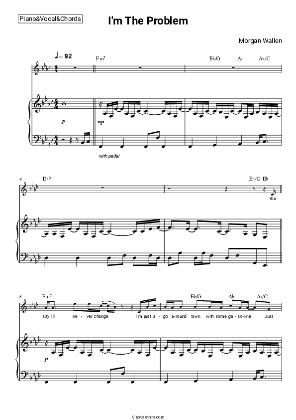 I'm The Problem - Morgan Wallen Piano Sheet Music with the Vocal and Chords - Piano&Vocal&Chords