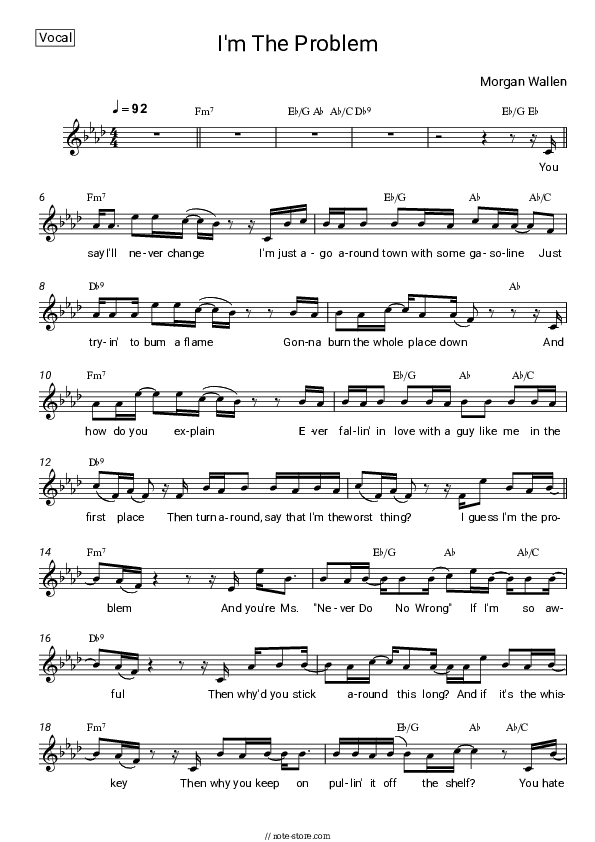 I'm The Problem - Morgan Wallen Vocal Sheet Music - Vocal