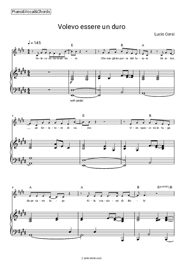 Volevo essere un duro - Lucio Corsi Piano Sheet Music with the Vocal and Chords - Piano&Vocal&Chords