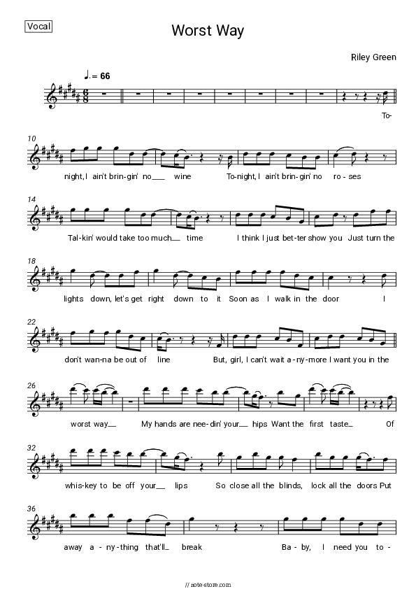 Worst Way - Riley Green Vocal Sheet Music - Vocal