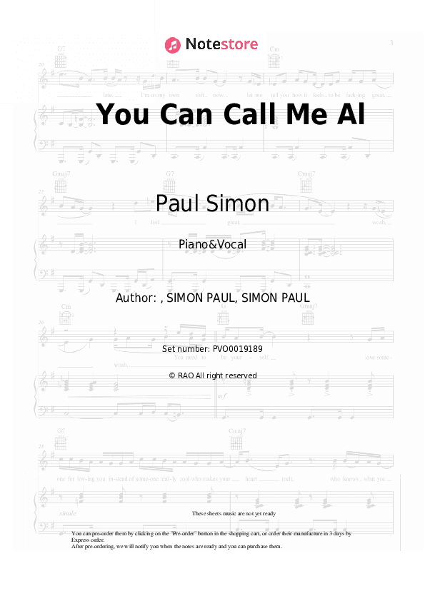 You Can Call Me Al - Paul Simon Piano Sheet Music with the Voice part - Piano&Vocal