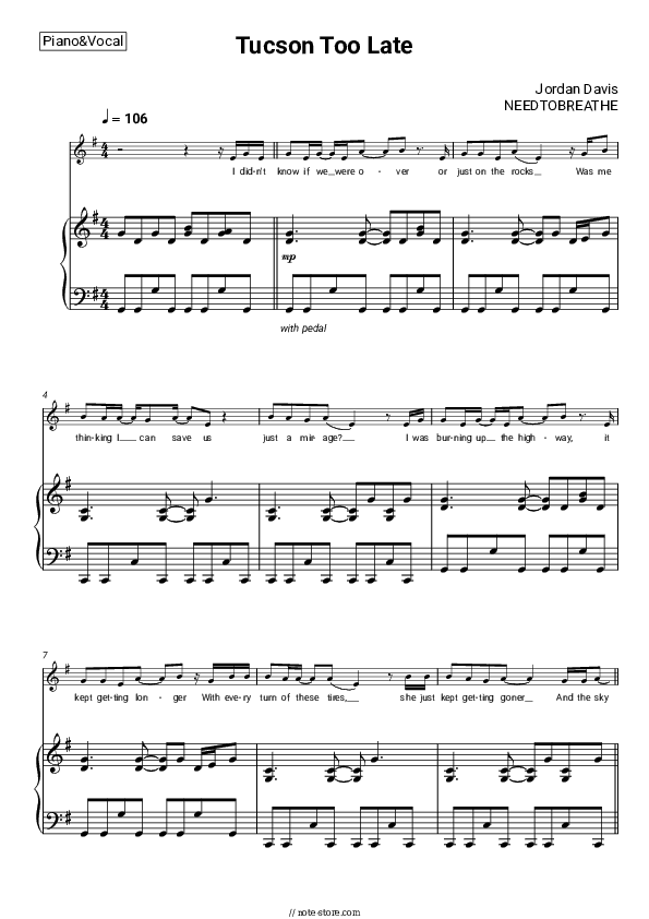 Tucson Too Late - Jordan Davis Piano Sheet Music with the Voice part - Piano&Vocal