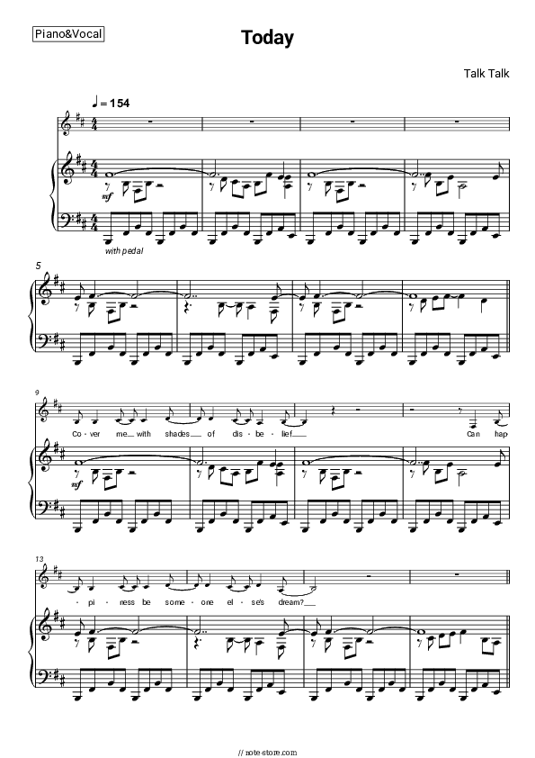 Today - Talk Talk Piano Sheet Music with the Voice part - Piano&Vocal