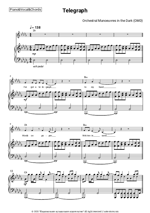 Telegraph - Orchestral Manoeuvres in the Dark (OMD) Piano Sheet Music with the Vocal and Chords - Piano&Vocal&Chords