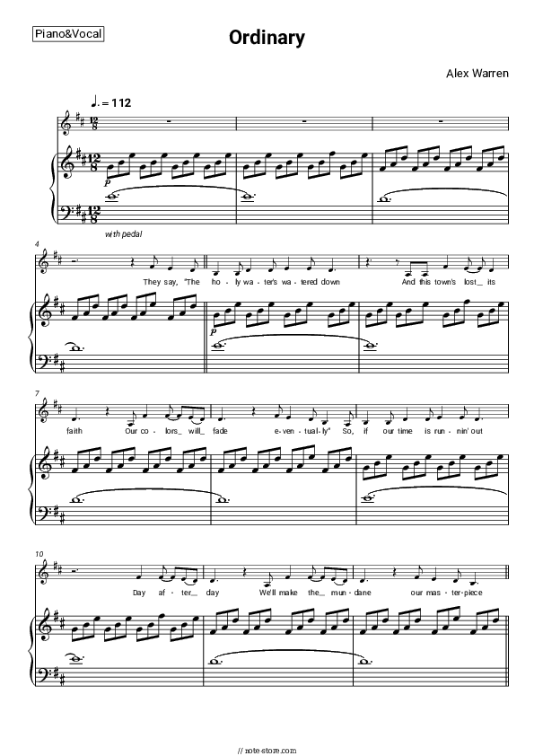 Ordinary - Alex Warren Piano Sheet Music with the Voice part - Piano&Vocal