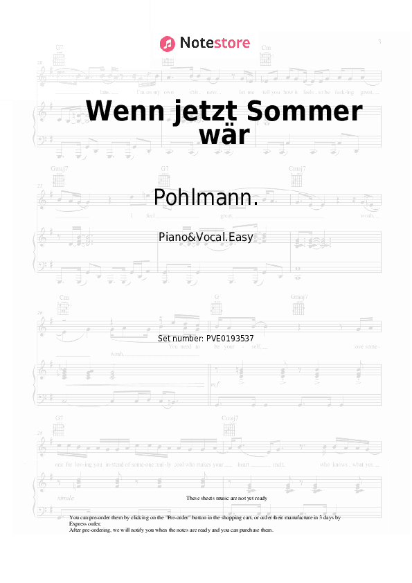 Wenn jetzt Sommer wär - Pohlmann. Piano Sheet Music Easy and Vocal - Piano&Vocal.Easy