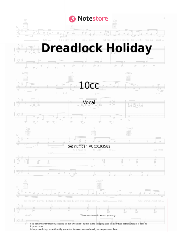 Dreadlock Holiday - 10cc Vocal Sheet Music - Vocal