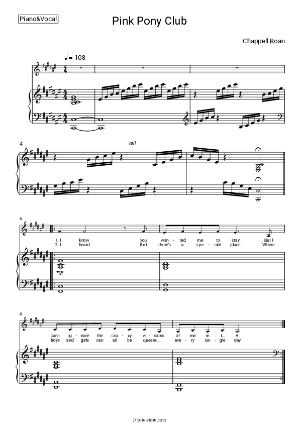 Pink Pony Club - Chappell Roan Piano Sheet Music with the Voice part - Piano&Vocal