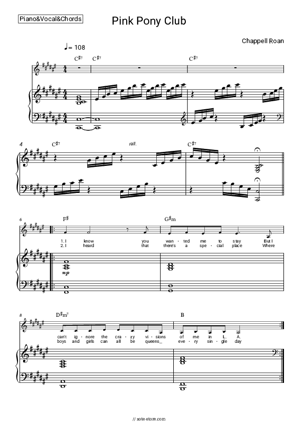 Pink Pony Club - Chappell Roan Piano Sheet Music with the Vocal and Chords - Piano&Vocal&Chords