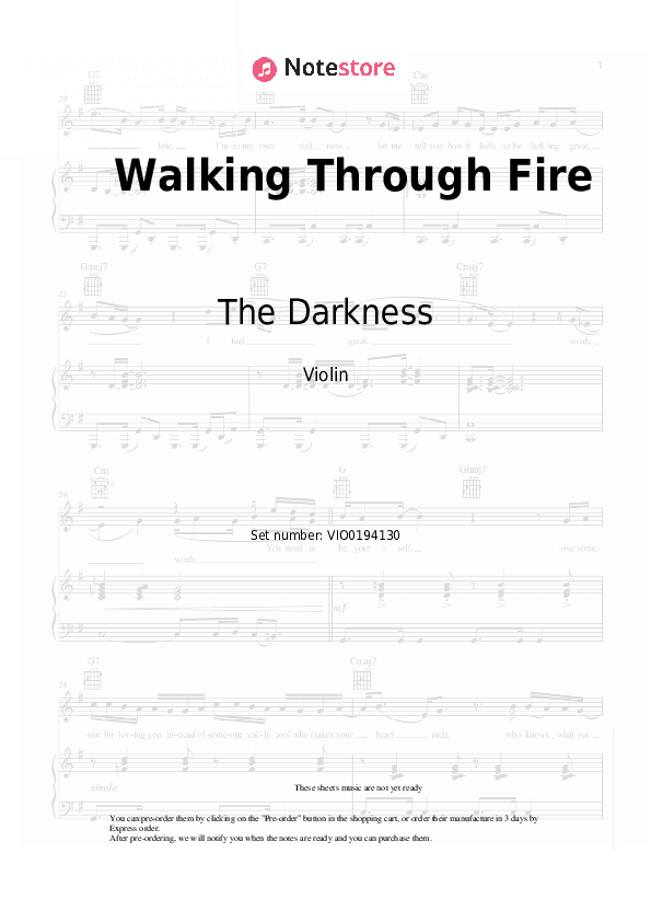 Walking Through Fire - The Darkness Violin Sheet Music - Violin