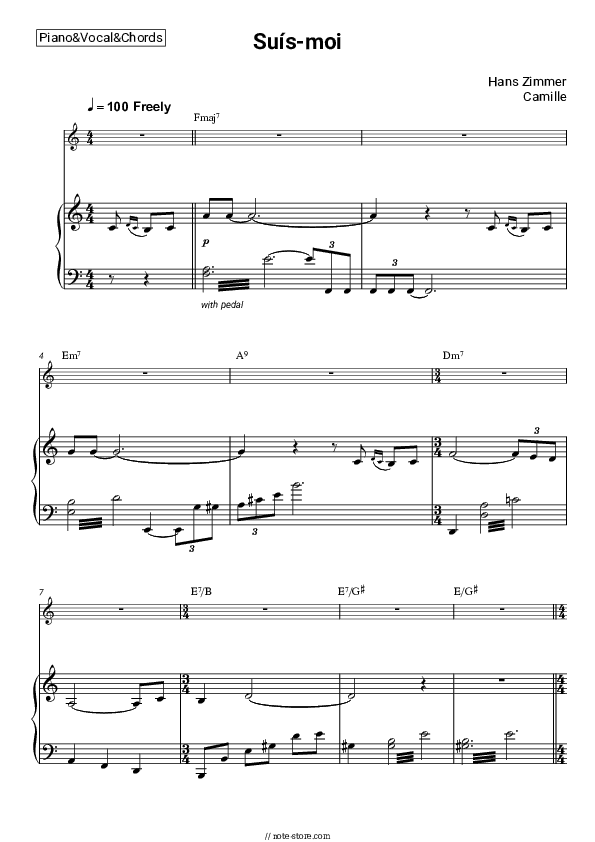 Suís-moi - Hans Zimmer, Camille Piano Sheet Music with the Vocal and Chords - Piano&Vocal&Chords
