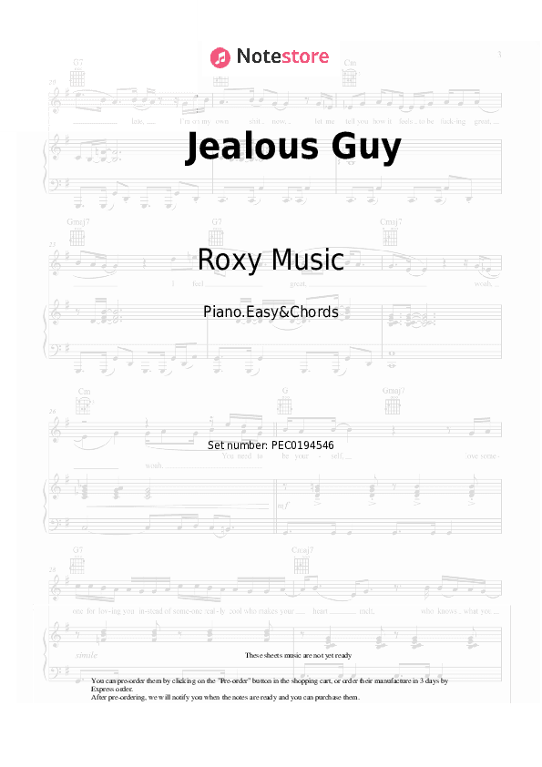 Jealous Guy - Roxy Music Sheet Music Easy and Chords - Piano.Easy&Chords