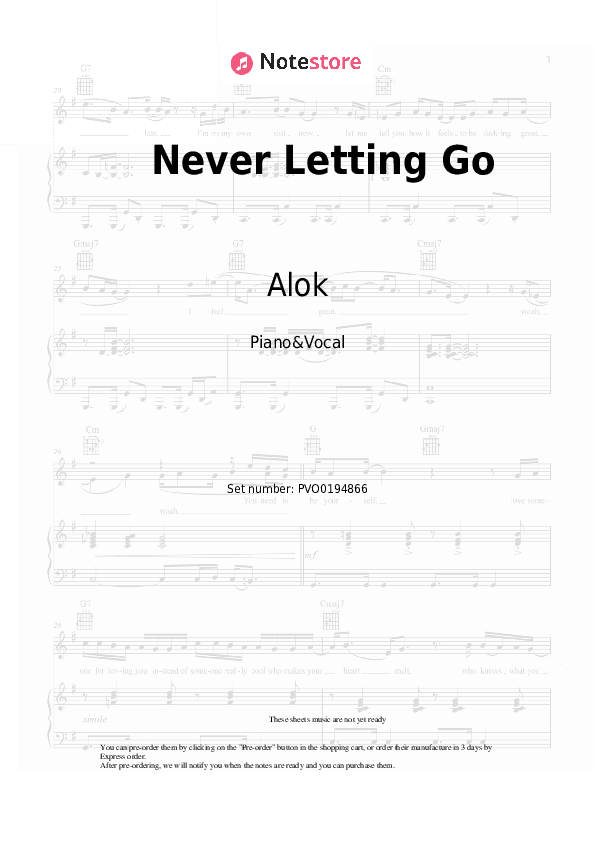 Never Letting Go - Alok, Gryffin, Julia Church Piano Sheet Music with the Voice part - Piano&Vocal