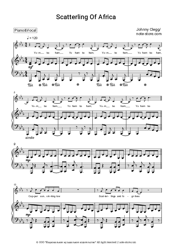 Scatterlings of Africa - Johnny Clegg Piano Sheet Music with the Voice part - Piano&Vocal