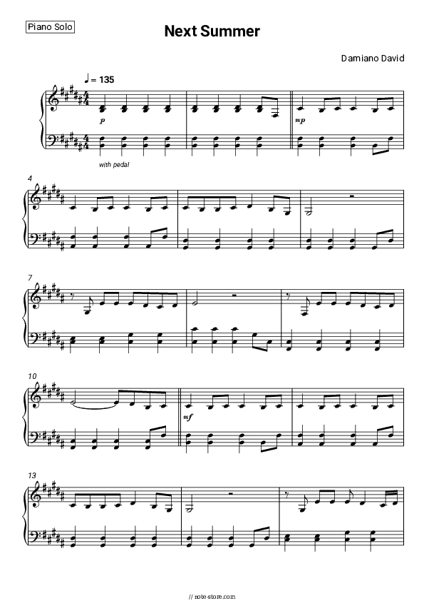 Next Summer - Damiano David Piano Sheet Music - Piano.Solo
