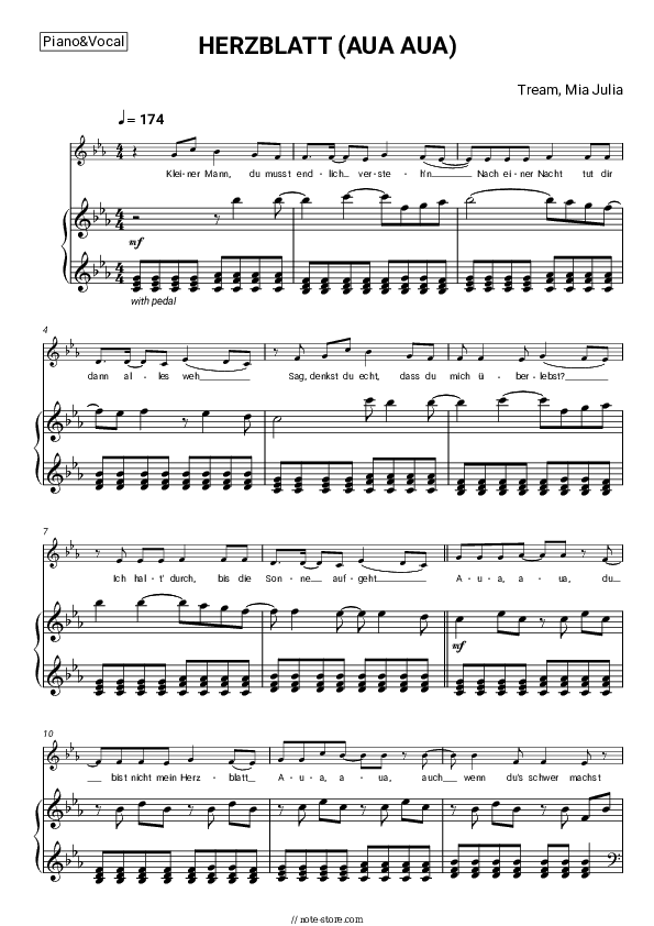 HERZBLATT (AUA AUA) - Tream, Mia Julia Piano Sheet Music with the Voice part - Piano&Vocal