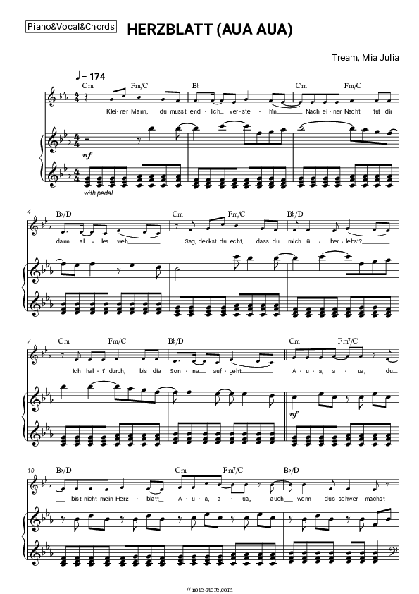 HERZBLATT (AUA AUA) - Tream, Mia Julia Piano Sheet Music with the Vocal and Chords - Piano&Vocal&Chords