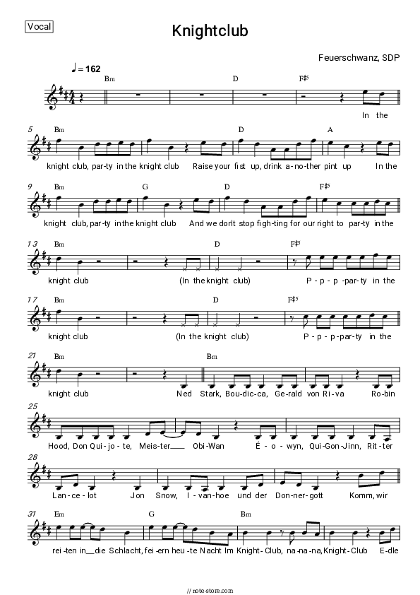 Knightclub - Feuerschwanz, SDP Vocal Sheet Music - Vocal