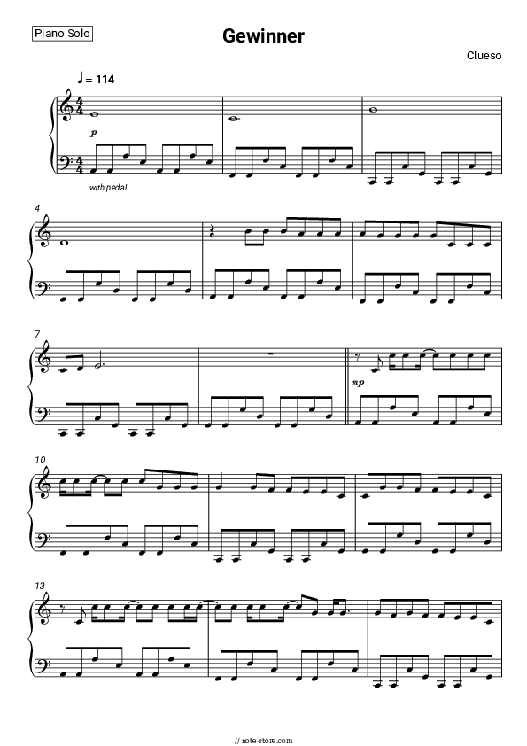 Gewinner - Clueso Piano Sheet Music - Piano.Solo
