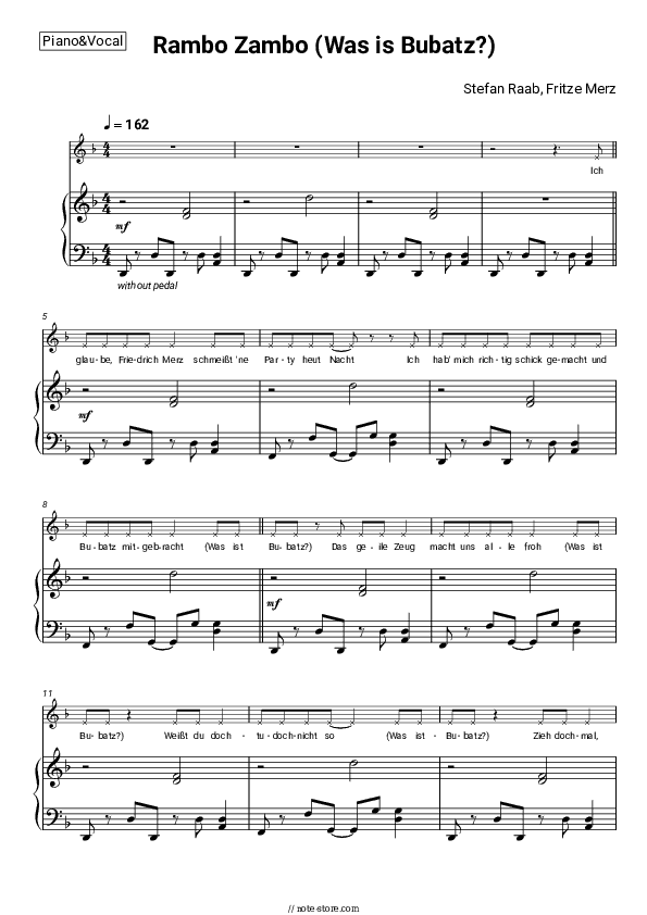 Rambo Zambo (Was is Bubatz?) - Stefan Raab, Fritze Merz Piano Sheet Music with the Voice part - Piano&Vocal