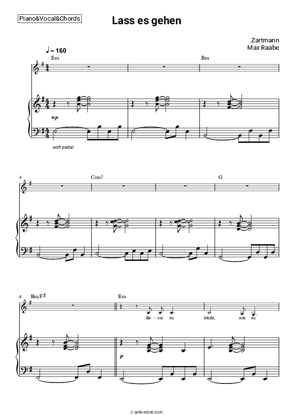 Lass es gehen - Zartmann, Max Raabe Piano Sheet Music with the Vocal and Chords - Piano&Vocal&Chords