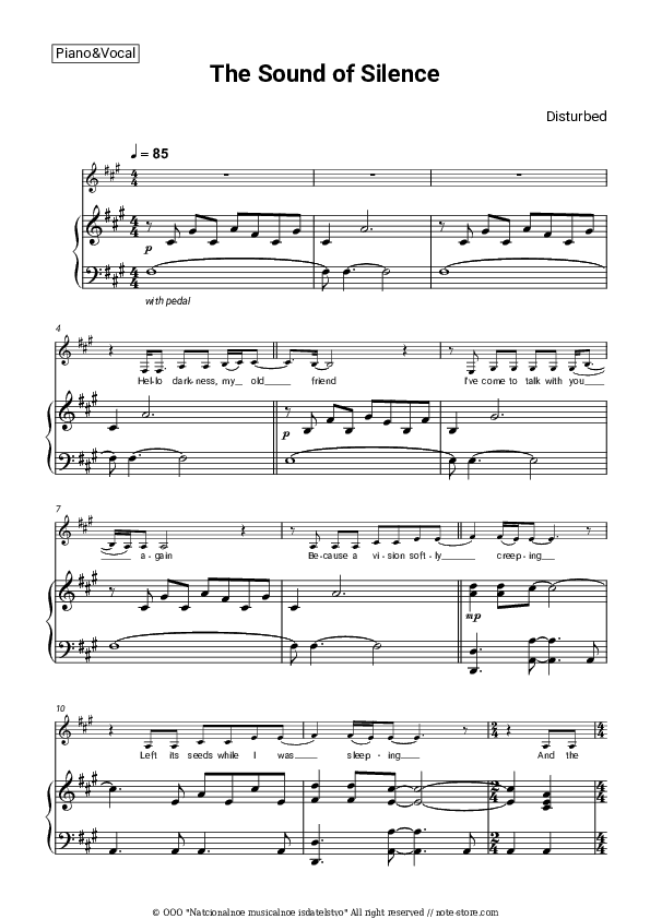 The Sound of Silence - Disturbed Piano Sheet Music with the Voice part - Piano&Vocal