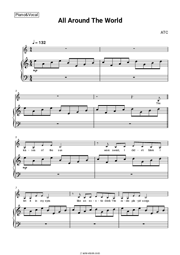 All Around The World (la la la la la la la la) - ATC Piano Sheet Music with the Voice part - Piano&Vocal