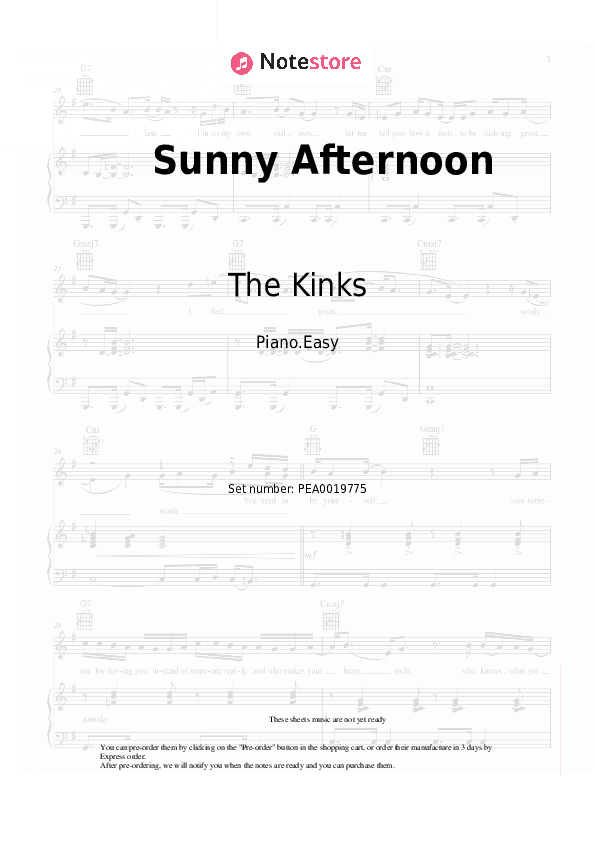 Sunny Afternoon - The Kinks Piano Sheet Music Easy - Piano.Easy