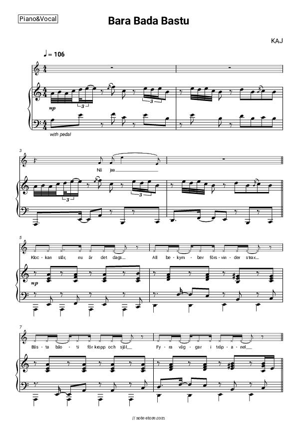 Bara Bada Bastu - KAJ Piano Sheet Music with the Voice part - Piano&Vocal
