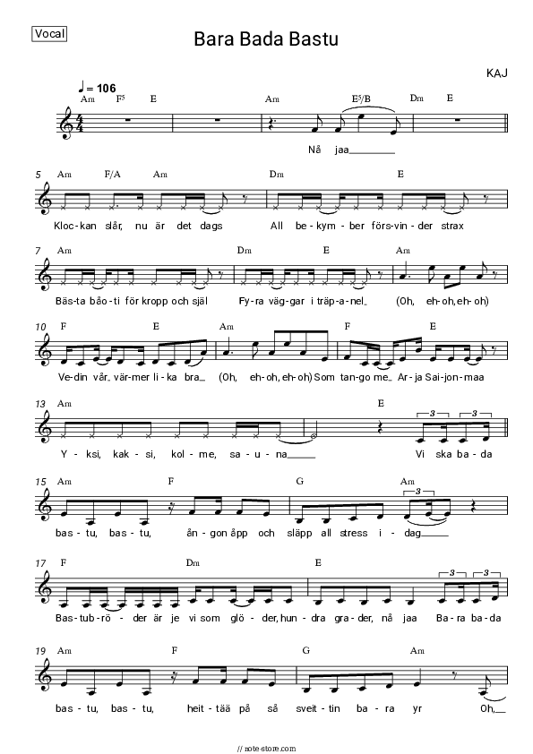 Bara Bada Bastu - KAJ Vocal Sheet Music - Vocal