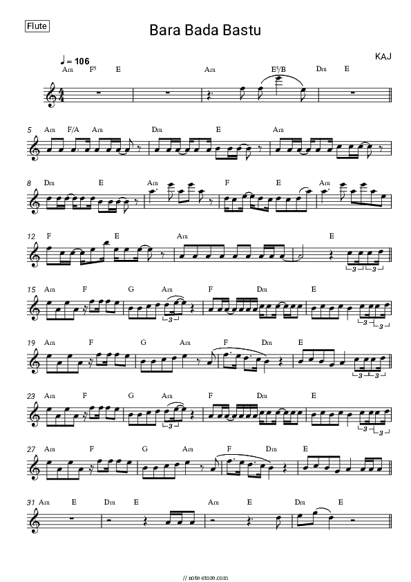 Bara Bada Bastu - KAJ Flute Sheet Music - Flute