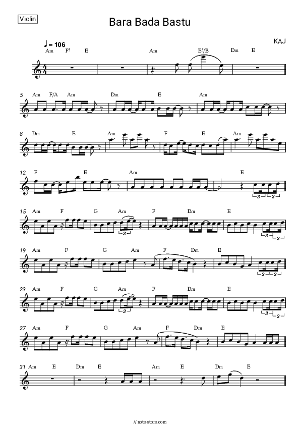 Bara Bada Bastu - KAJ Violin Sheet Music - Violin