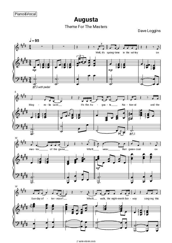 Augusta (Theme For The Masters) - Dave Loggins Piano Sheet Music with the Voice part - Piano&Vocal