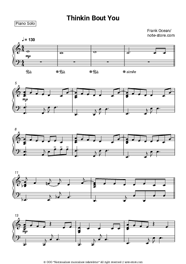 Thinkin Bout You - Frank Ocean Piano Sheet Music - Piano.Solo