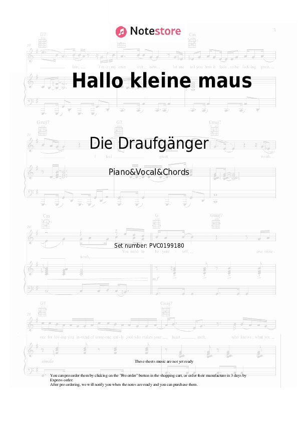 Hallo kleine maus - Die Draufgänger, Hannah Piano Sheet Music with the Vocal and Chords - Piano&Vocal&Chords