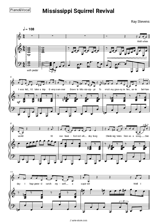 Mississippi Squirrel Revival - Ray Stevens Piano Sheet Music with the Voice part - Piano&Vocal