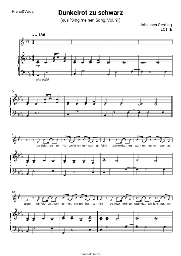 Dunkelrot zu schwarz - Johannes Oerding, LOTTE Piano Sheet Music with the Voice part - Piano&Vocal