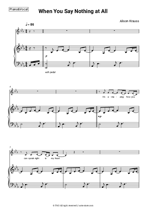 When You Say Nothing at All - Alison Krauss Piano Sheet Music with the Voice part - Piano&Vocal