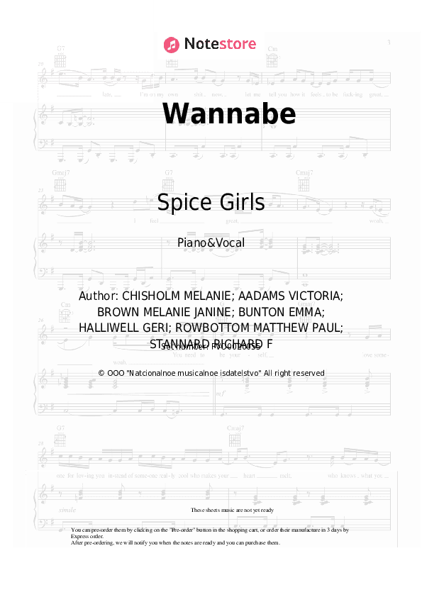 Wannabe - Spice Girls Piano Sheet Music with the Voice part - Piano&Vocal