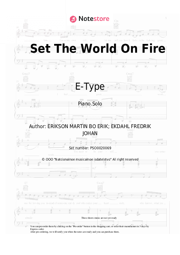 Set The World On Fire - E-Type Piano Sheet Music - Piano.Solo