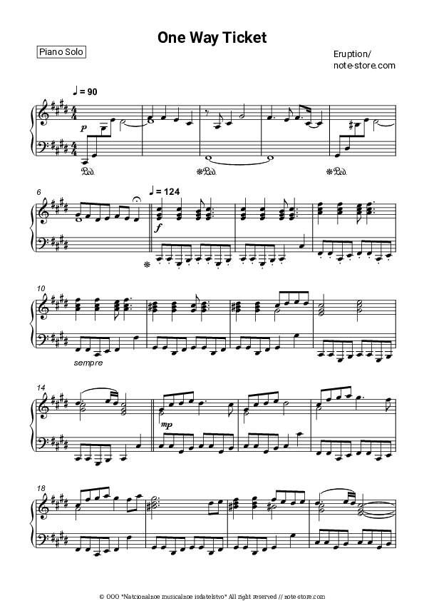 One Way Ticket - Eruption, Precious Wilson Piano Sheet Music - Piano.Solo